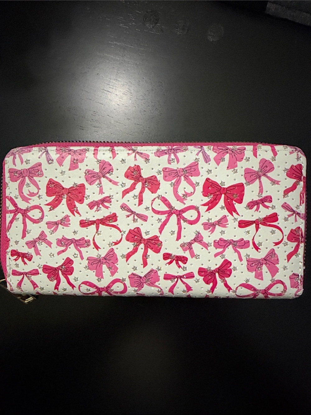 Pink Bow Print Zip-Around Wallet